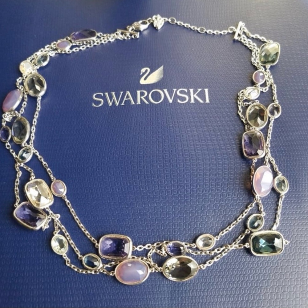 Swarovski Silver Necklace with Purple and Green Gems